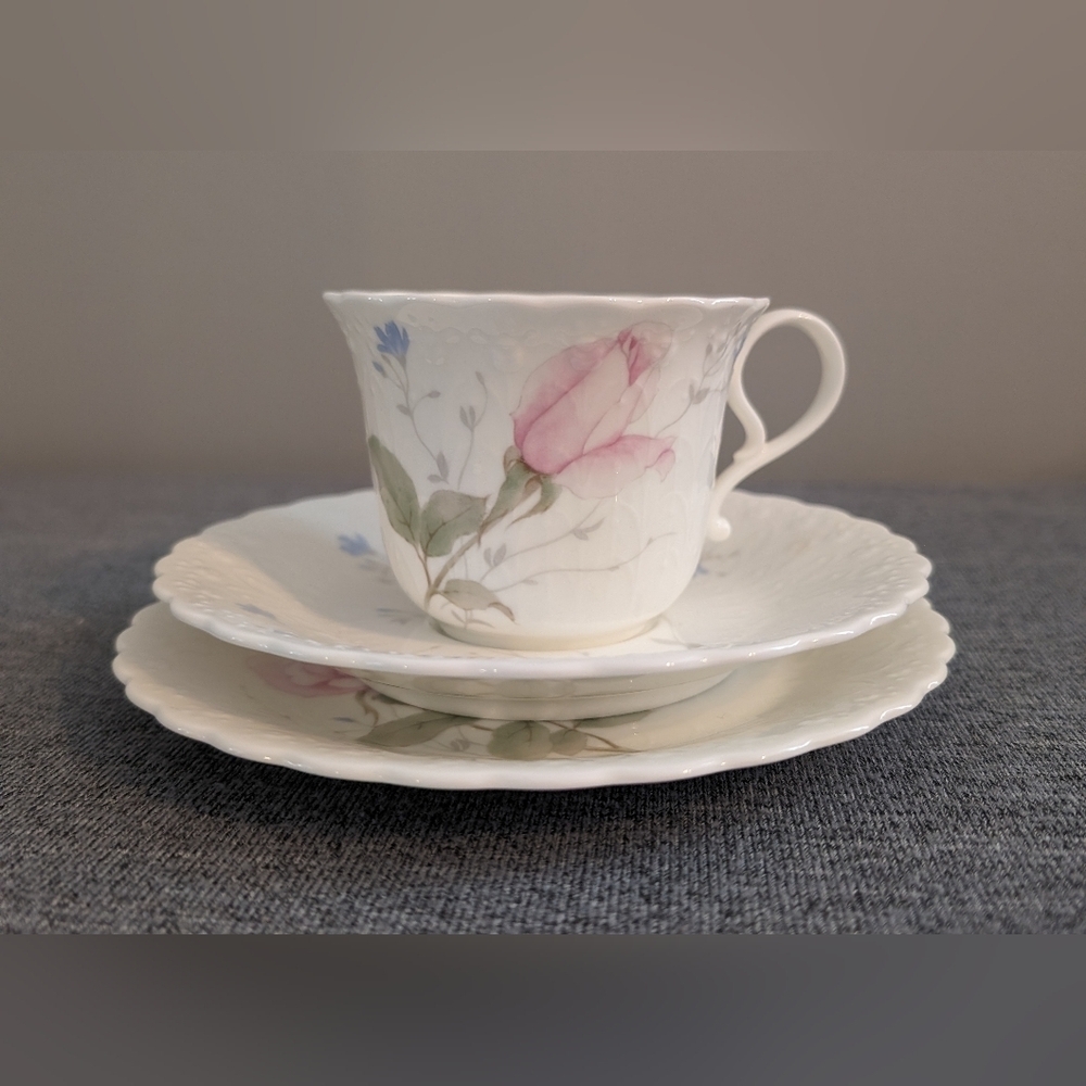 Mikasa Bone China, April Rose, Cup, Saucer, and Dessert/Bread Plate Trio